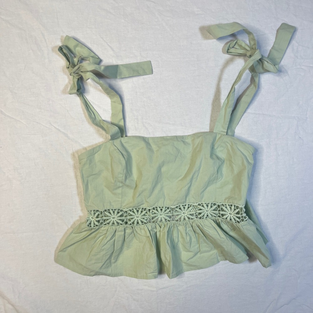 Mable Women Sage Green Tie Shoulder Peplum Crop Top Crochet Lace Daisy NWT